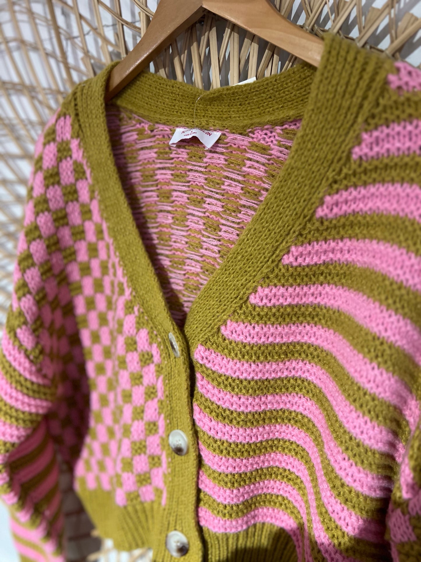 L Pink/Gold Checkered/Striped Knit Cardigan