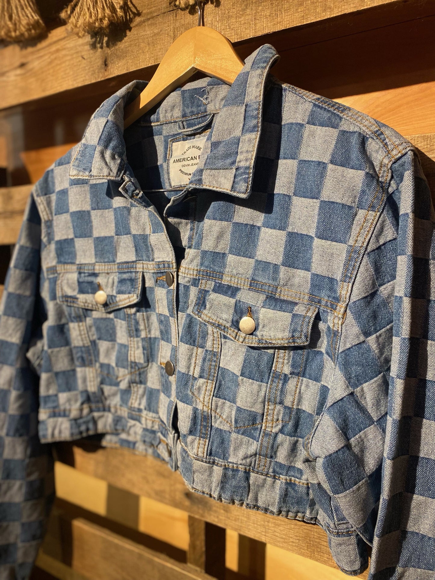 M Hipster Checkerboard Crop Denim Jacket