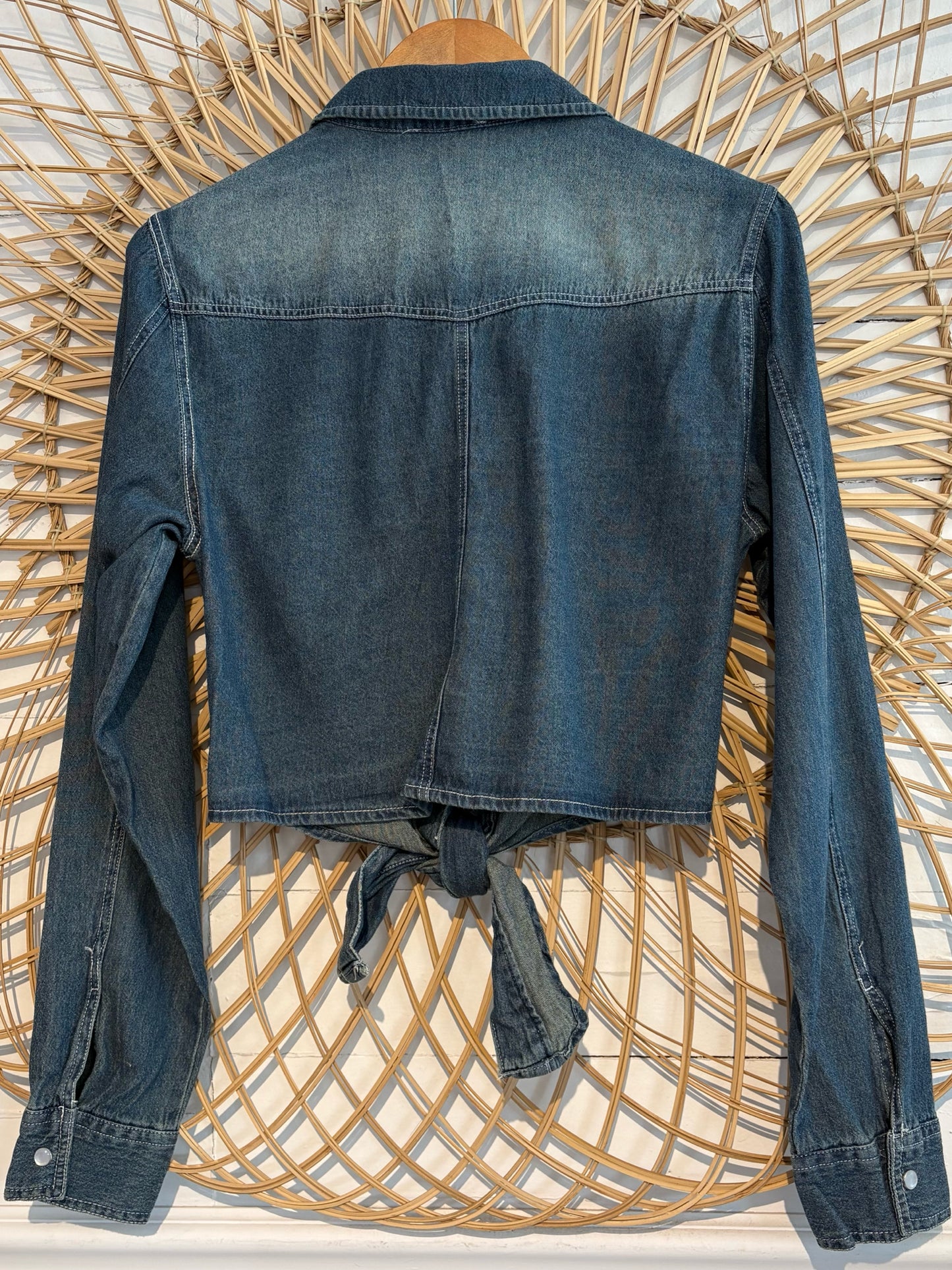 Boho Western Denim Tie Front Button Up Shirt