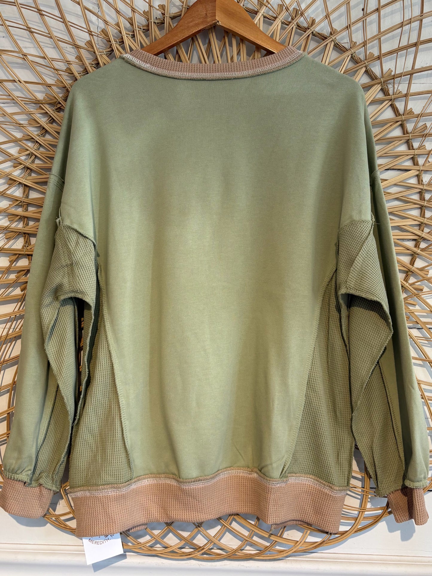 Boho Hipster Green Brown Trim Waffle Knit Crewneck Sweatshirt