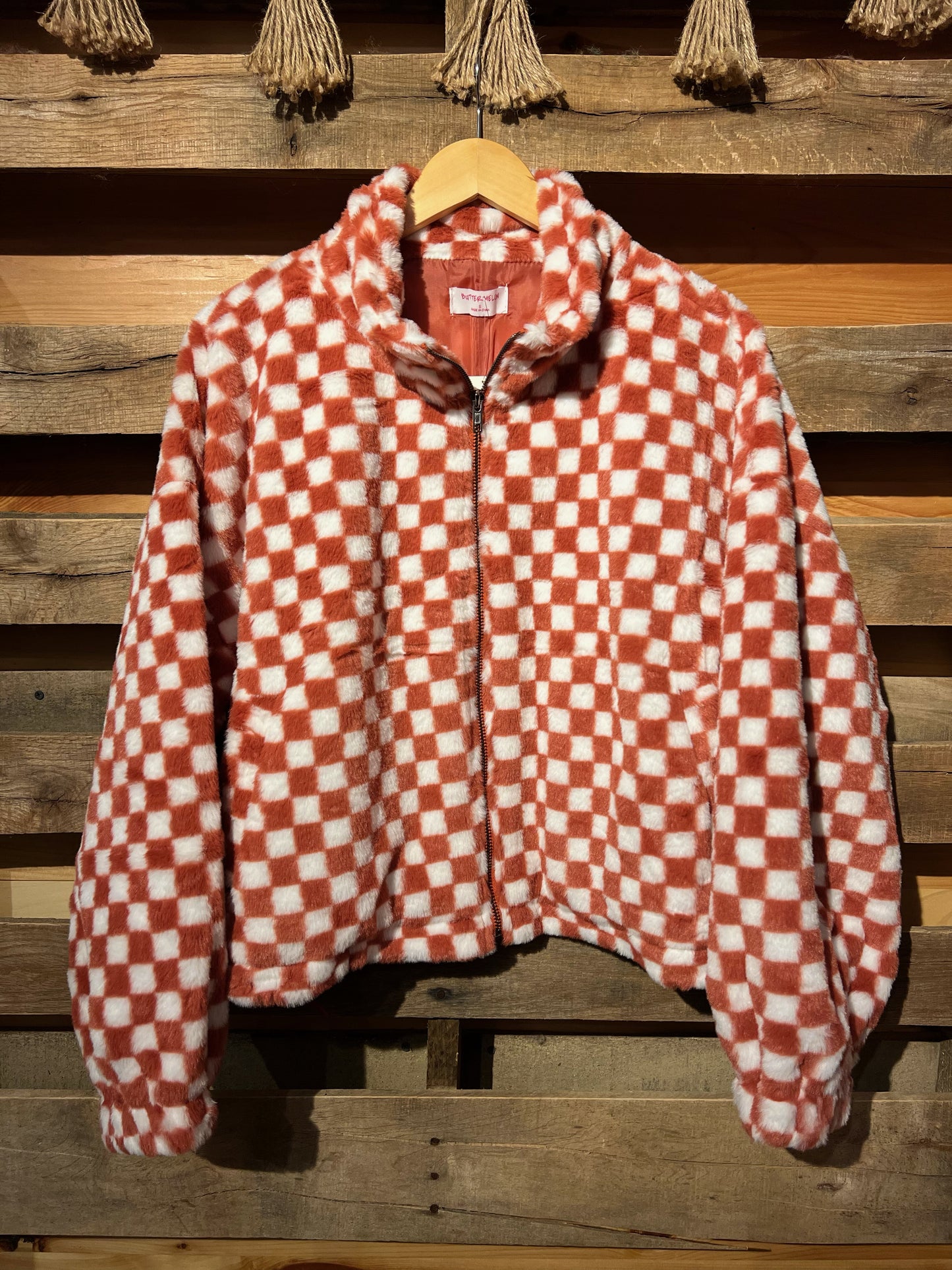 M Red Checkered Sherpa Zip Up