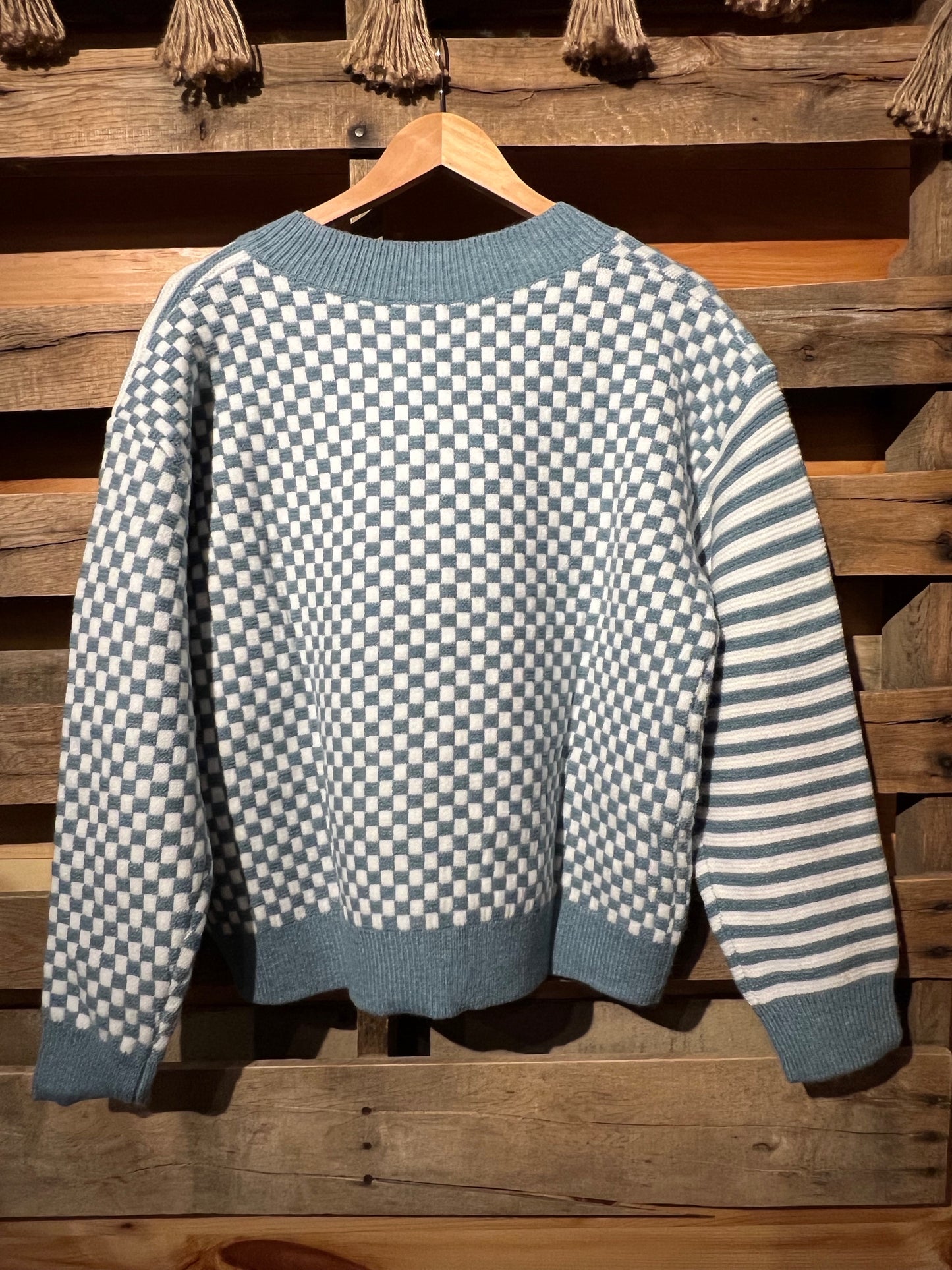 M BlueHipster Checkerboard/Stripe V Neck Sweater