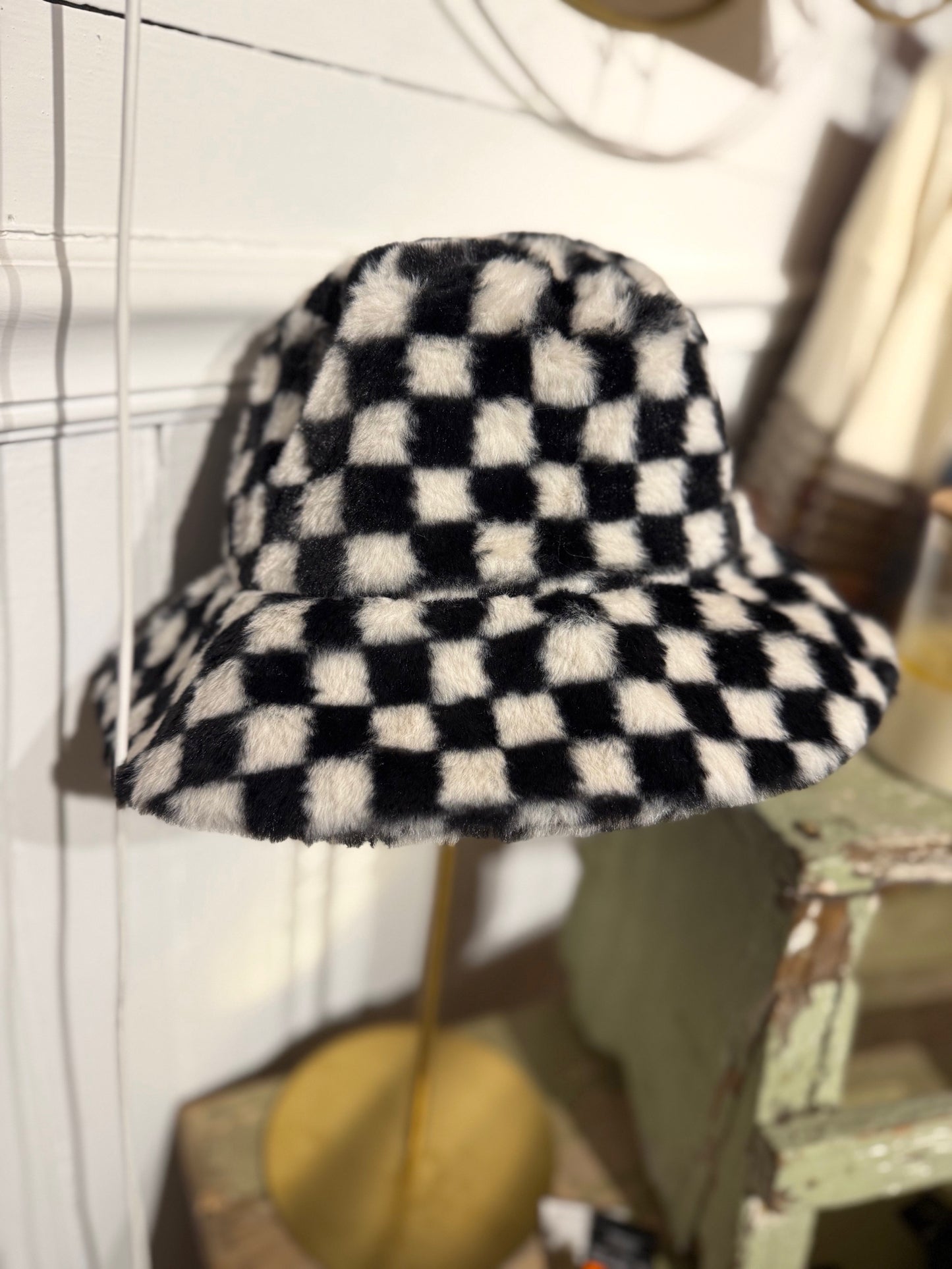 Hipster Checkered Fuzzy Bucket Hat