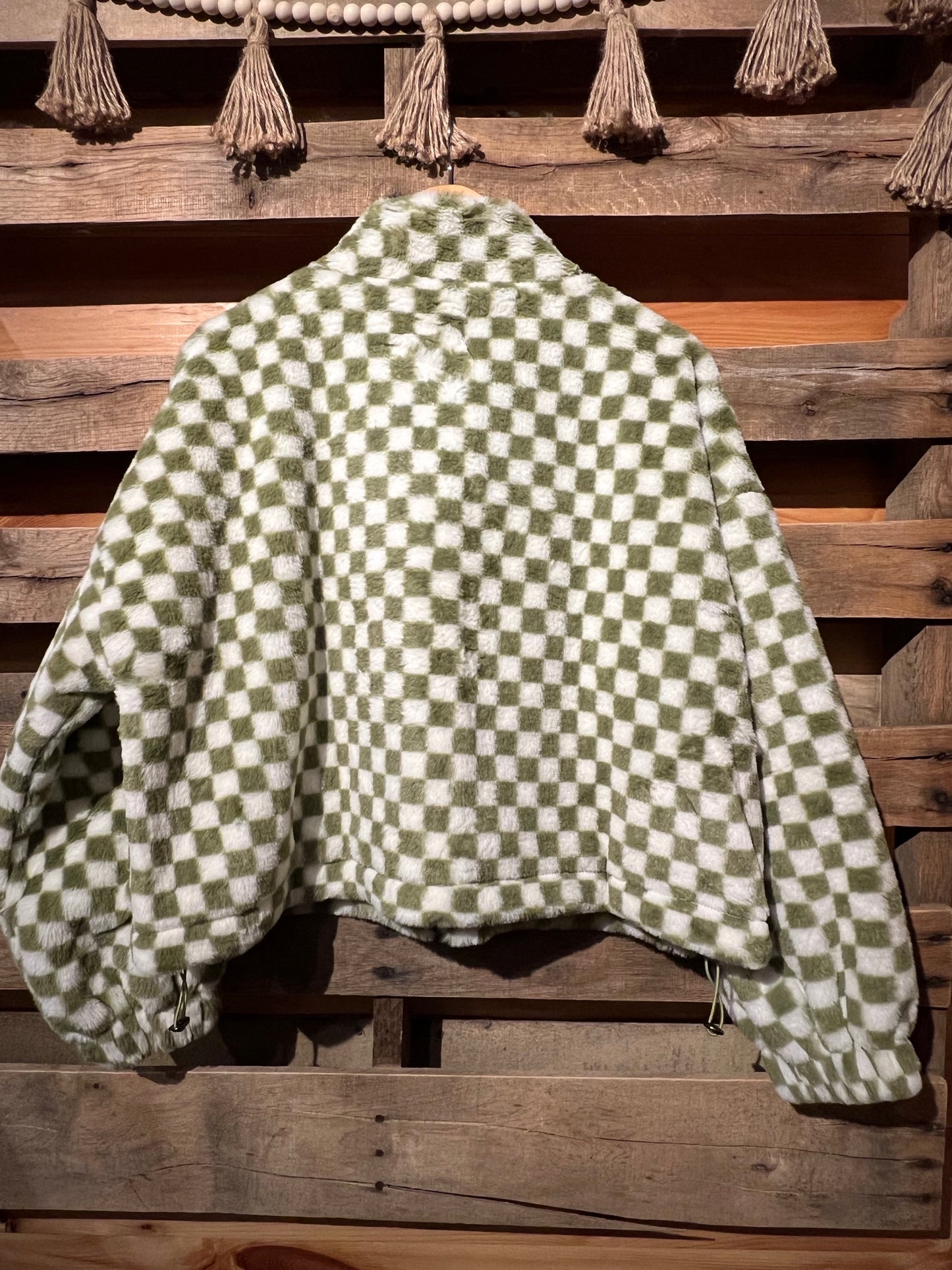 L Green Checkerboard Sherpa Zip up