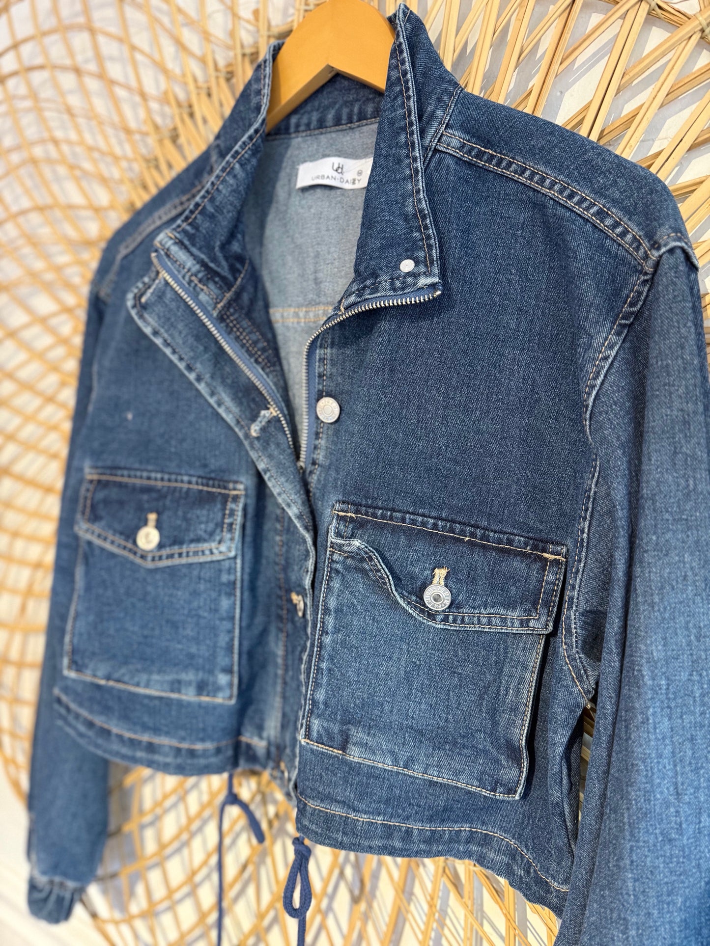 Cropped Drawstring Denim Jacket