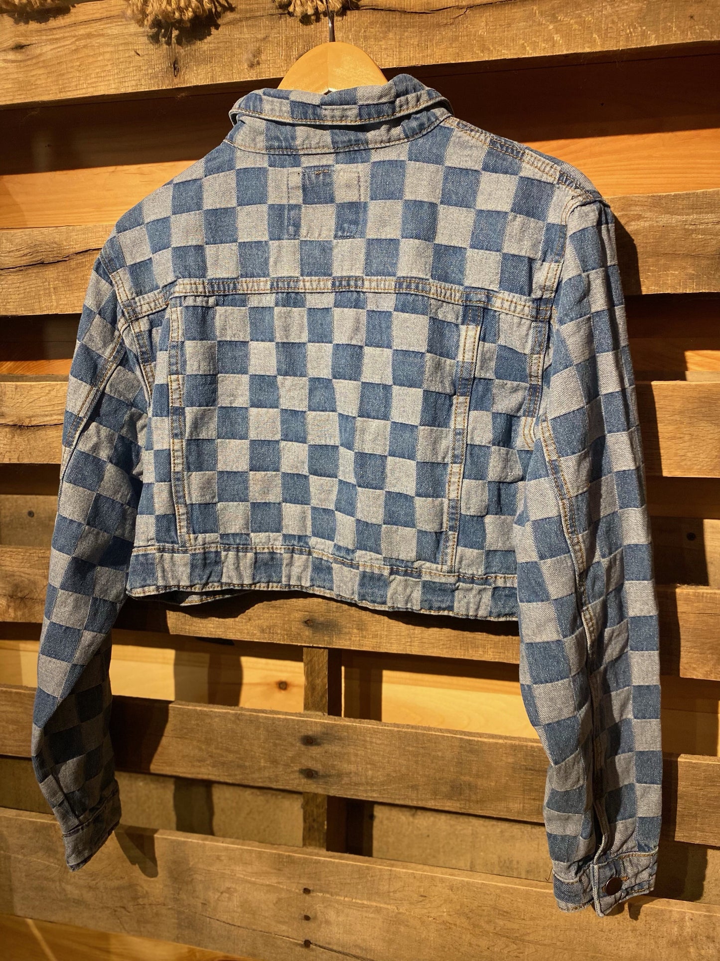 L Hipster Checkerboard Crop Denim Jacket