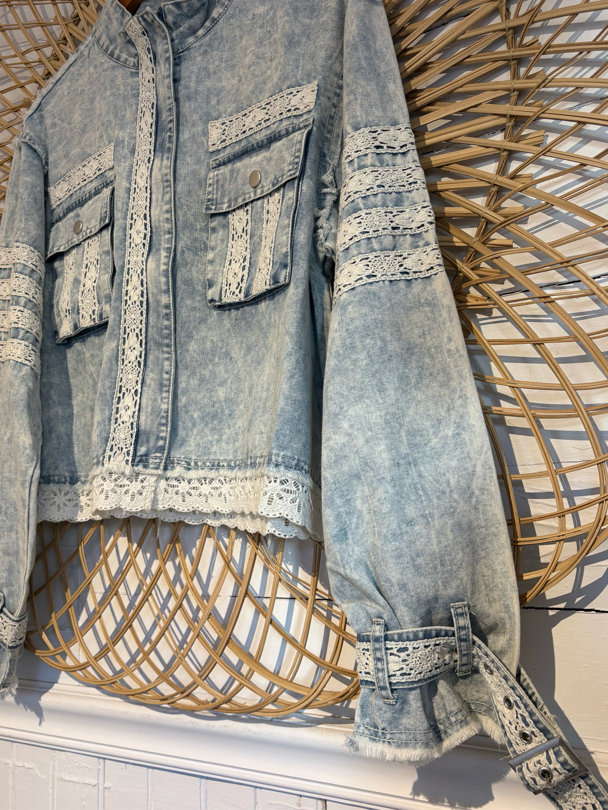 Boho Hippy Lace Trim Buckle Sleeve Denim Jacket