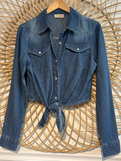 Boho Western Denim Tie Front Button Up Shirt