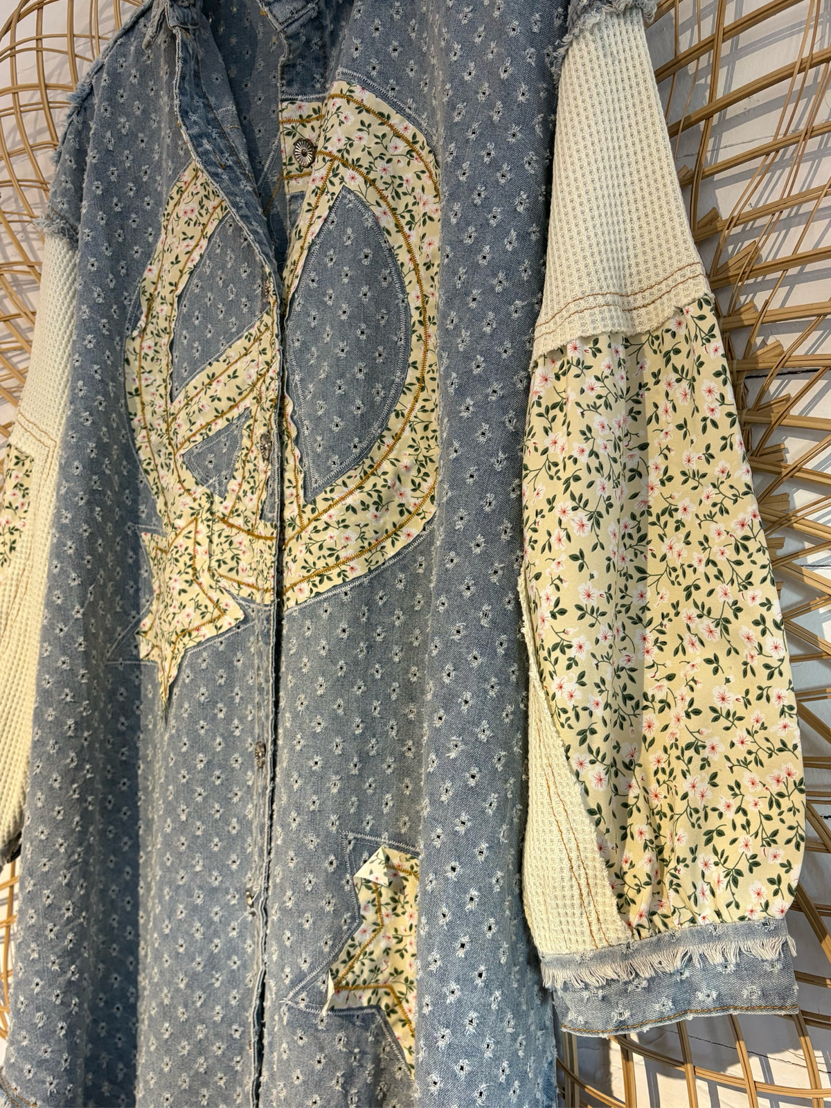 Boho Hippy Balloon Sleeve Peace Star Patchwork Button Up