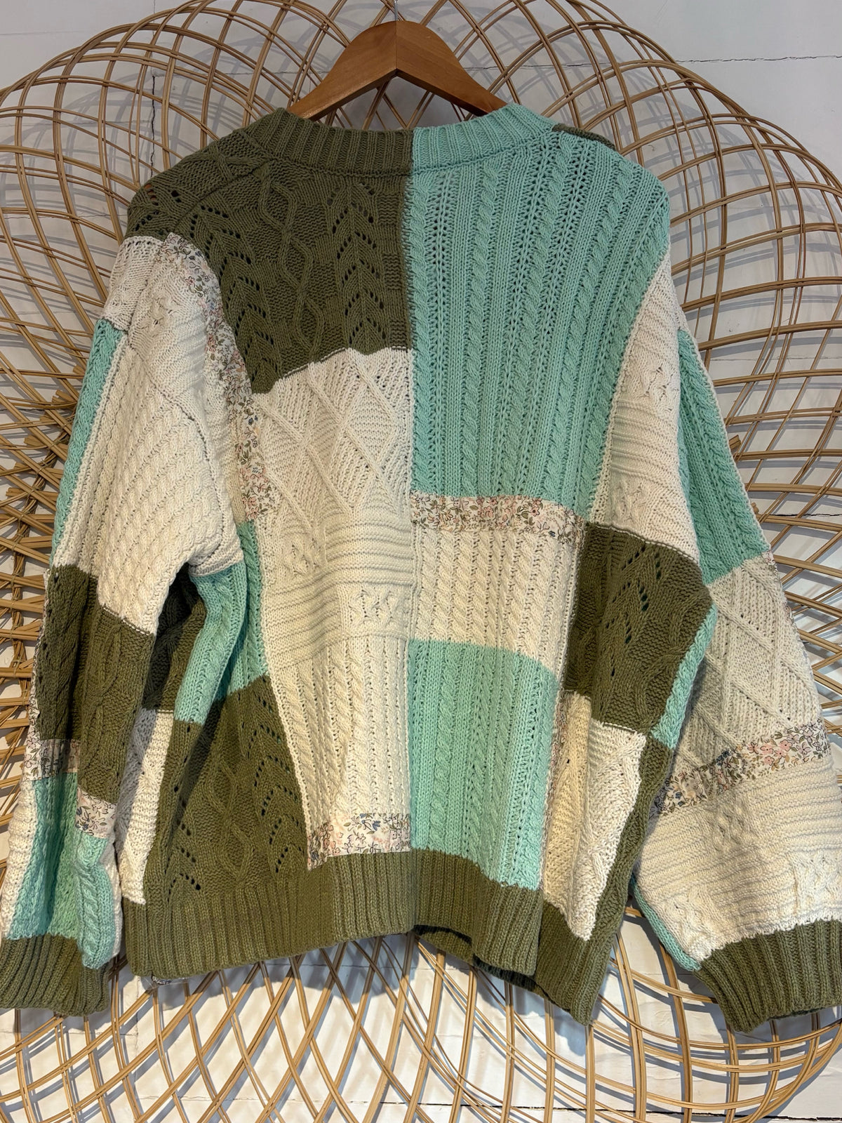 Boho Hippy Green Chunky Knit Patchwork Cardigan