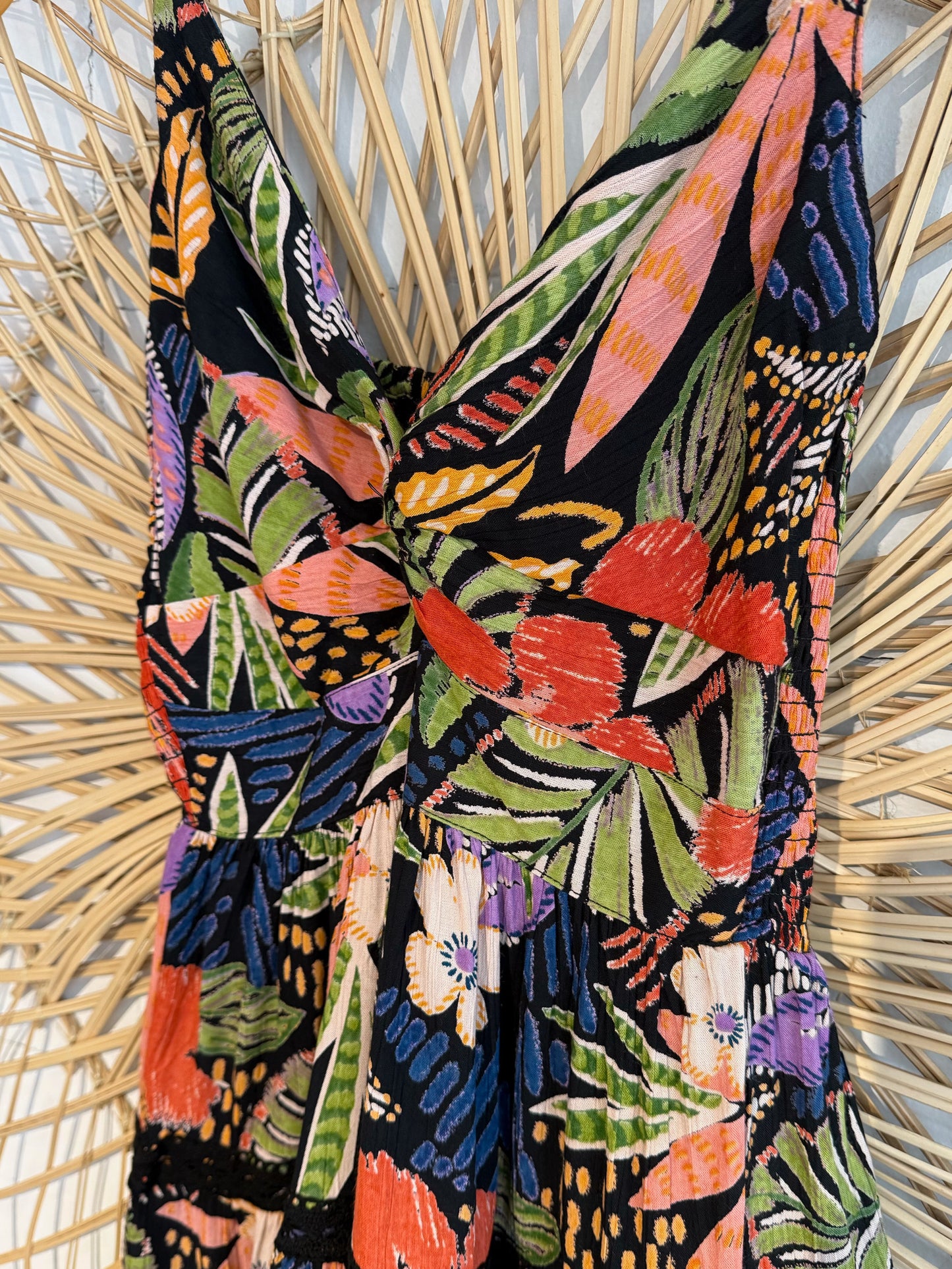 Boho Floral Twist Front Crochet Tiered Dress