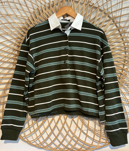 Hipster Striped Collared Long Sleeve Rugby Shirt