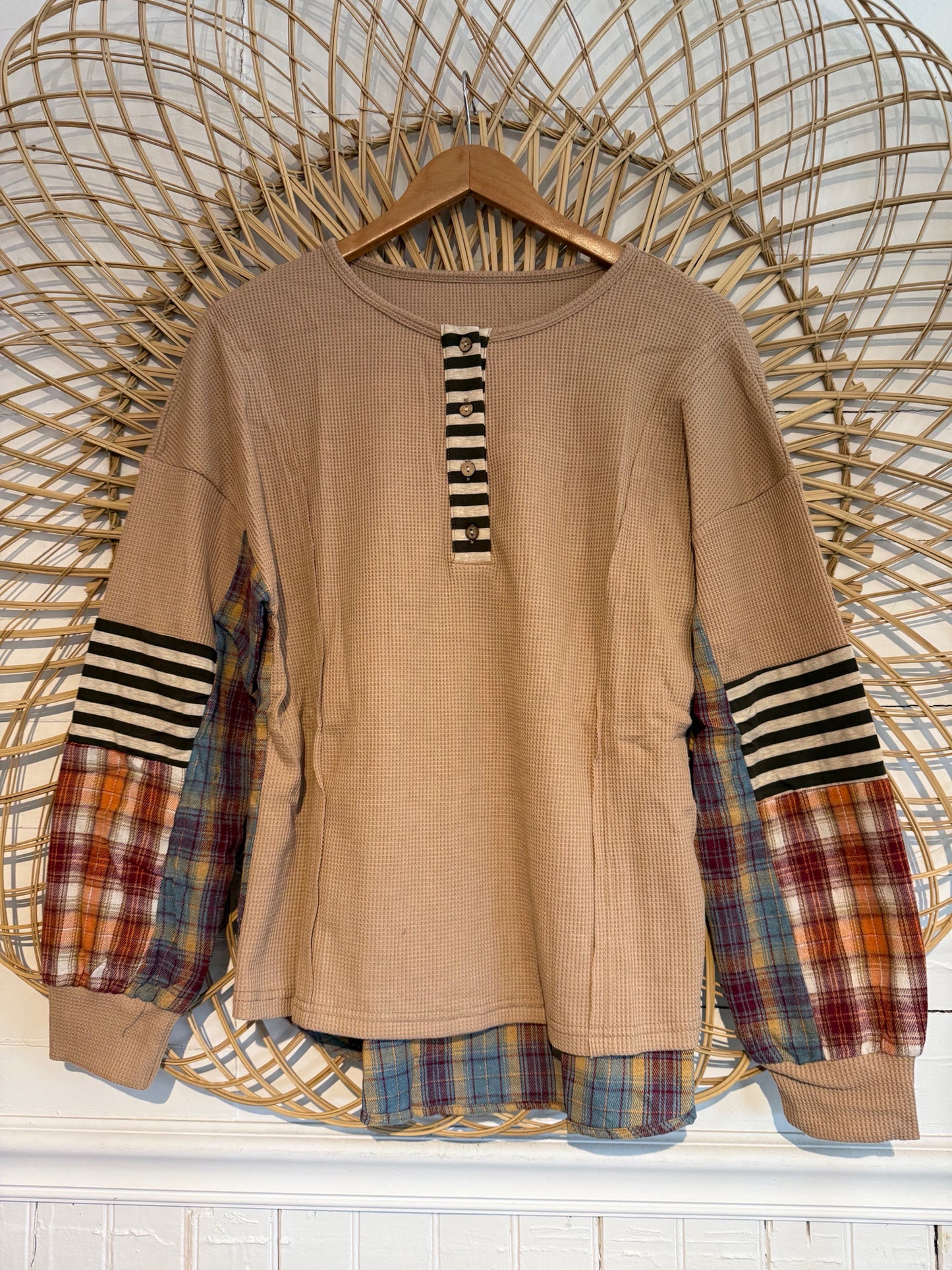 Patchwork Flannel Waffle-knit Long Sleeve