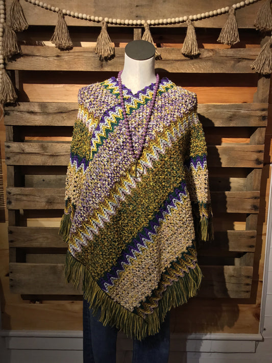 Purple Boho Knit Tassel Poncho