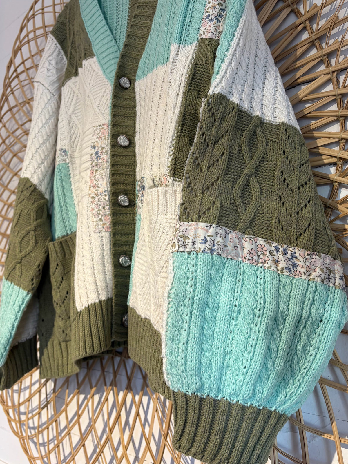 Boho Hippy Green Chunky Knit Patchwork Cardigan