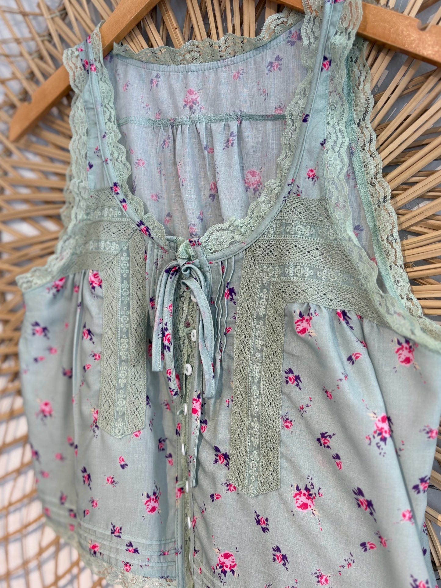 Boho Dainty Lace Trim Button Front With Tie Tank