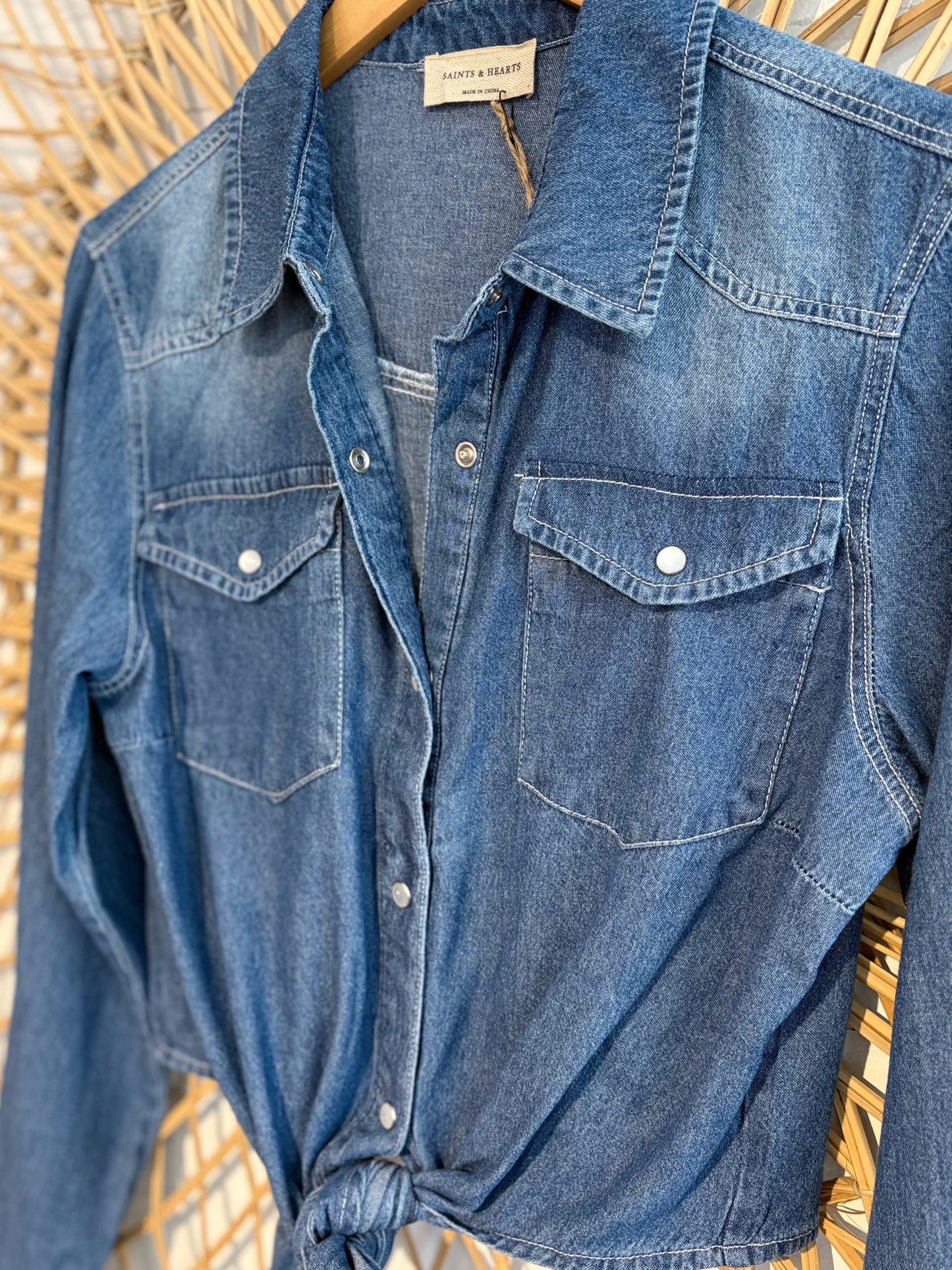 Boho Western Denim Tie Front Button Up Shirt