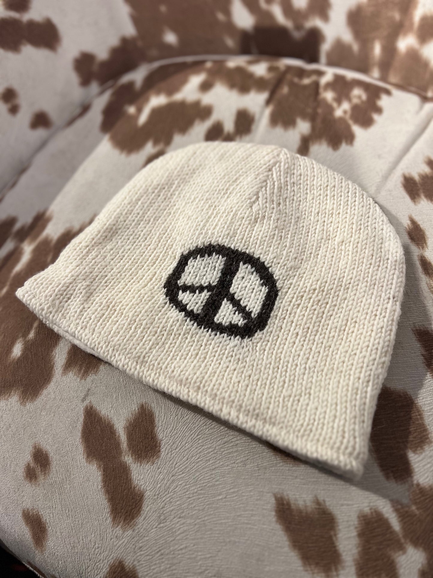 White Knit Fleece Lined Peace Sign Beanie