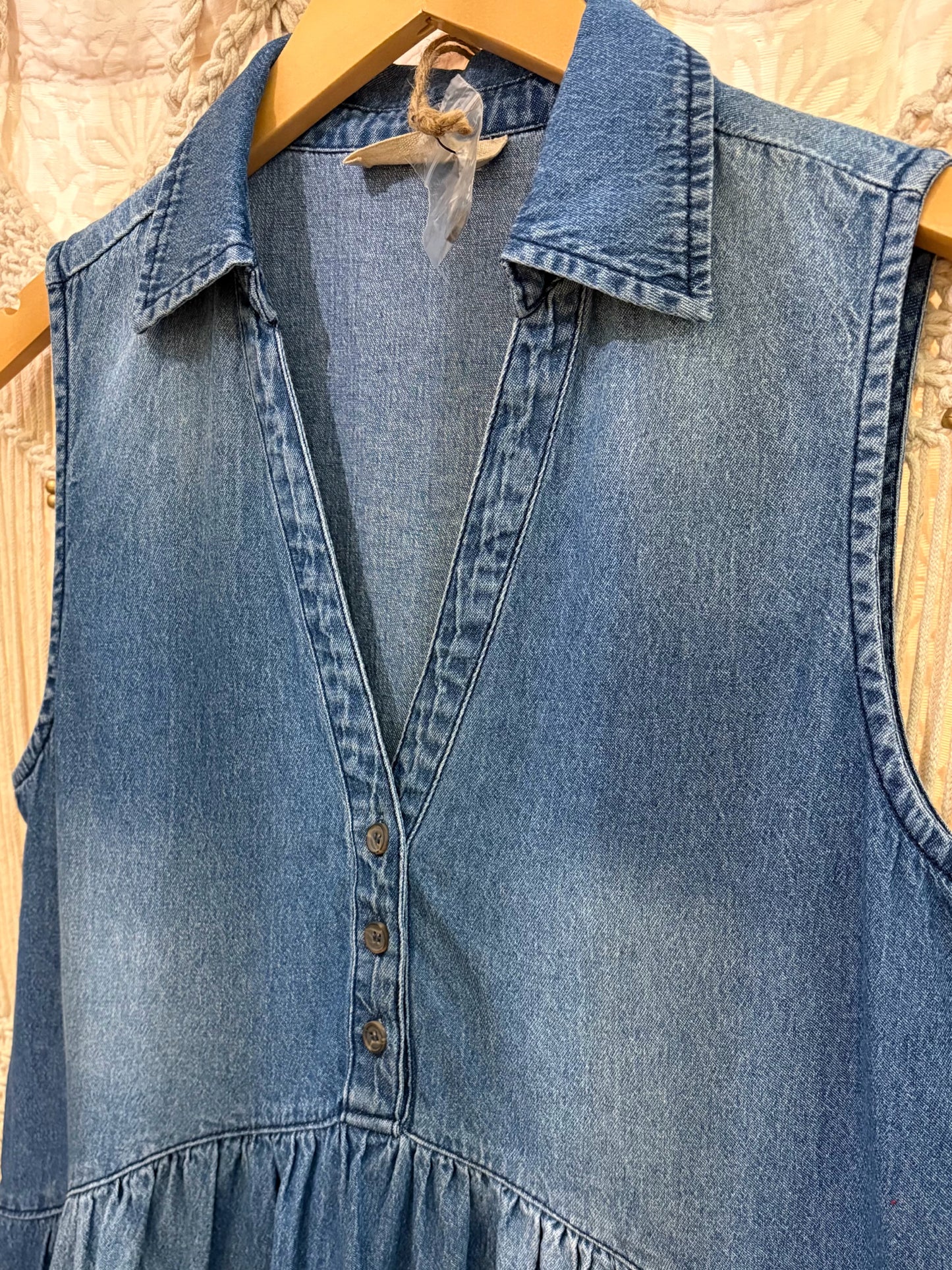 Boho Western Denim Tiered Button Sleeveless Dress