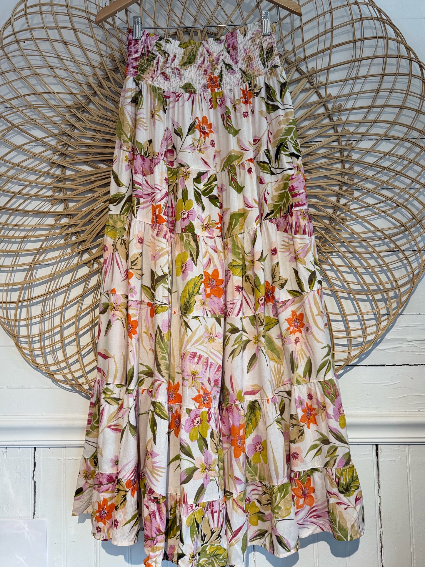 Boho Floral Smocked Waist Tiered Maxi Skirt