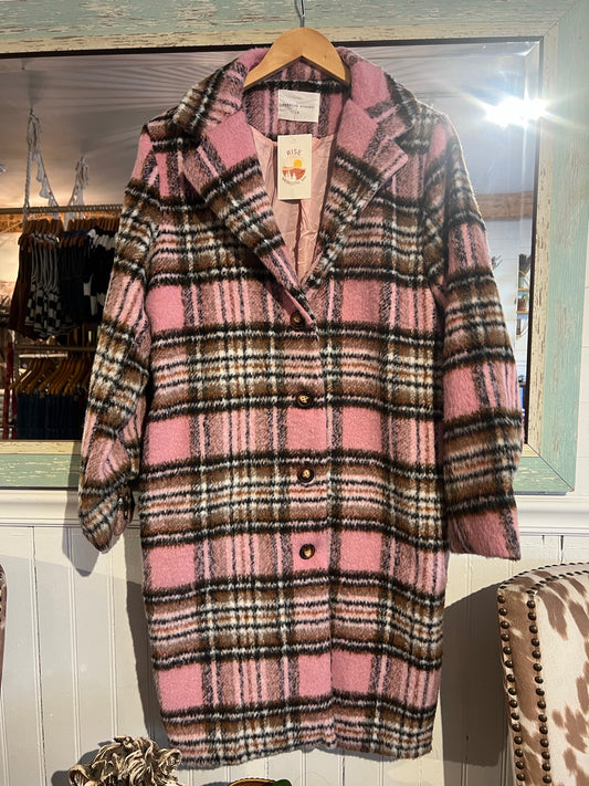 S Pink Plaid 3/4 Length Shacket