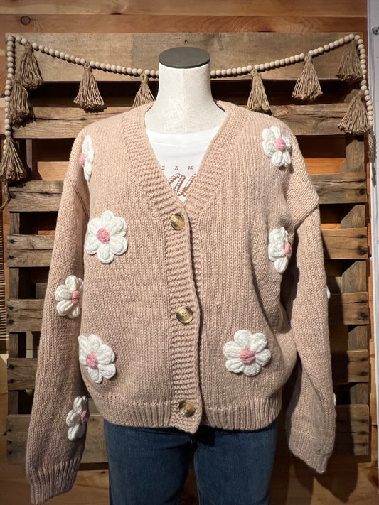 M Pink Boho Knit Daisy Cardigan