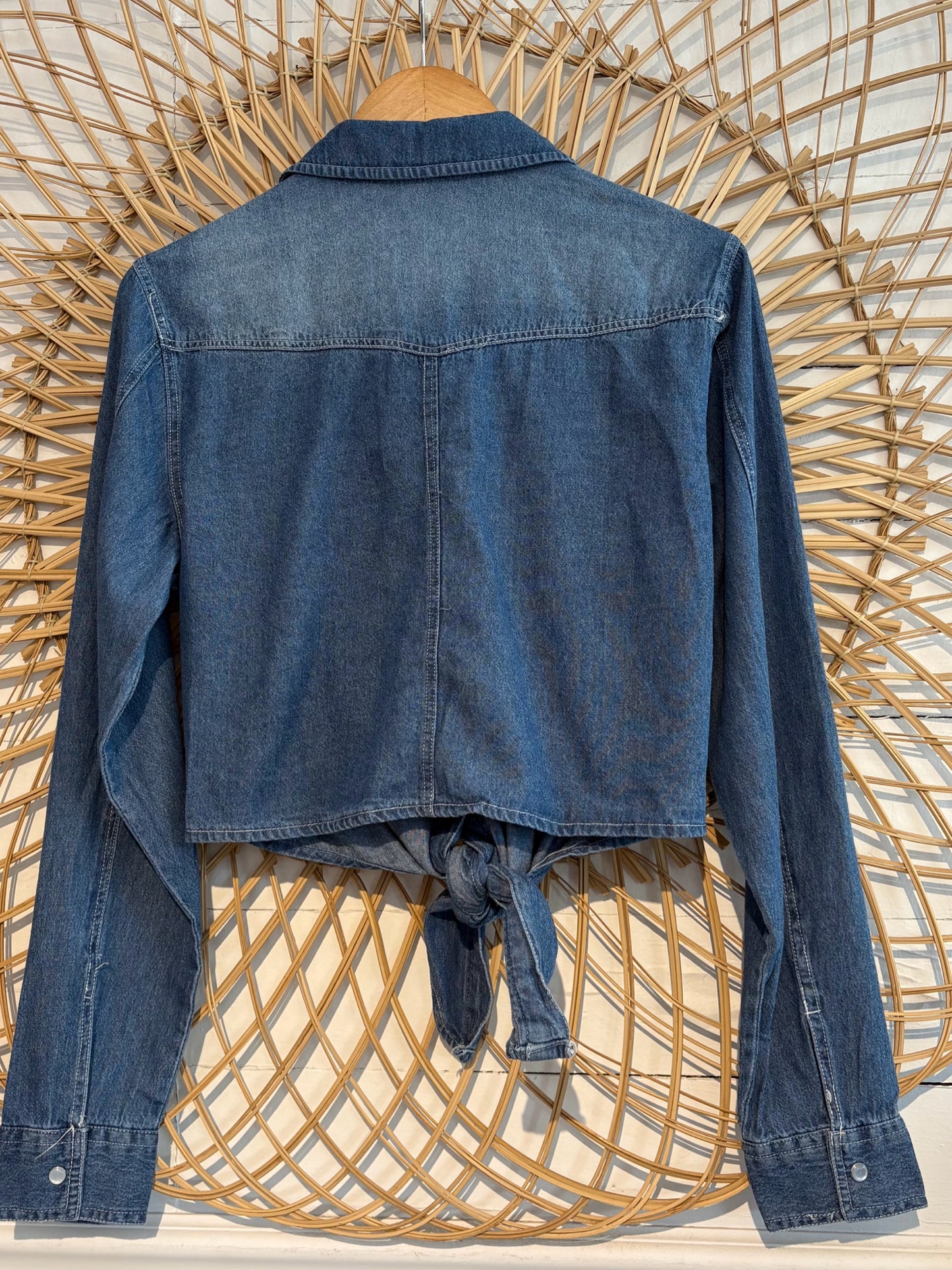 Boho Western Denim Tie Front Button Up Shirt