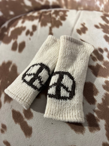 Knit Fleece Lined Peace Sign Fingerless Gloves