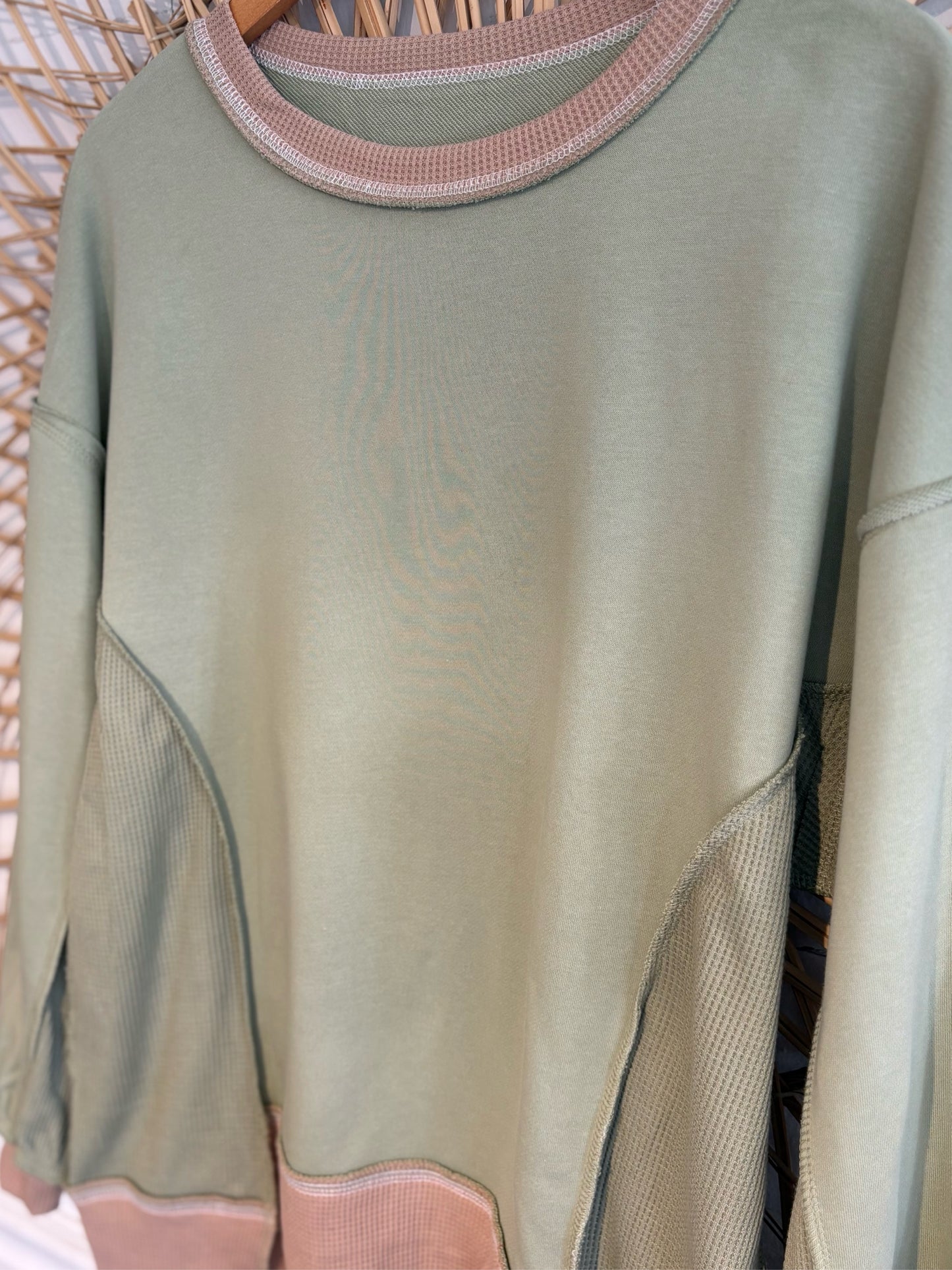 Boho Hipster Green Brown Trim Waffle Knit Crewneck Sweatshirt