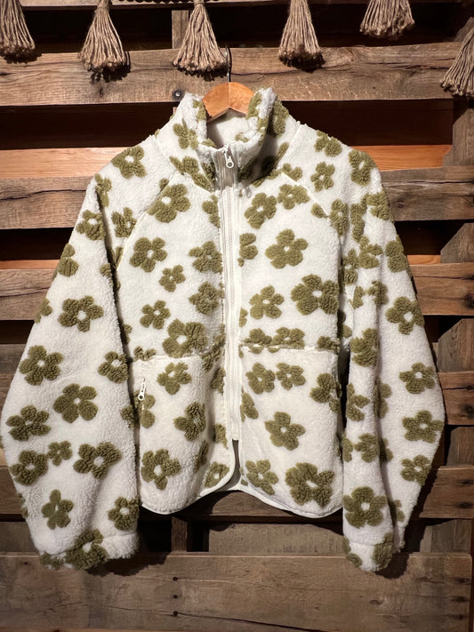 S White/Green Boho Floral Sherpa Zipup