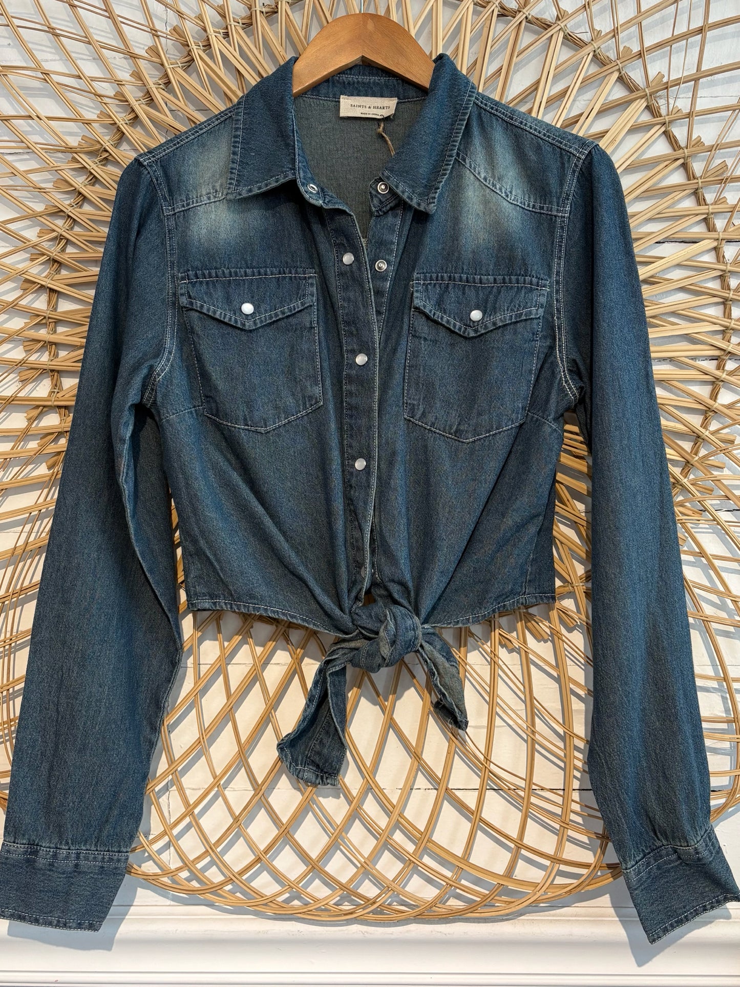Boho Western Denim Tie Front Button Up Shirt