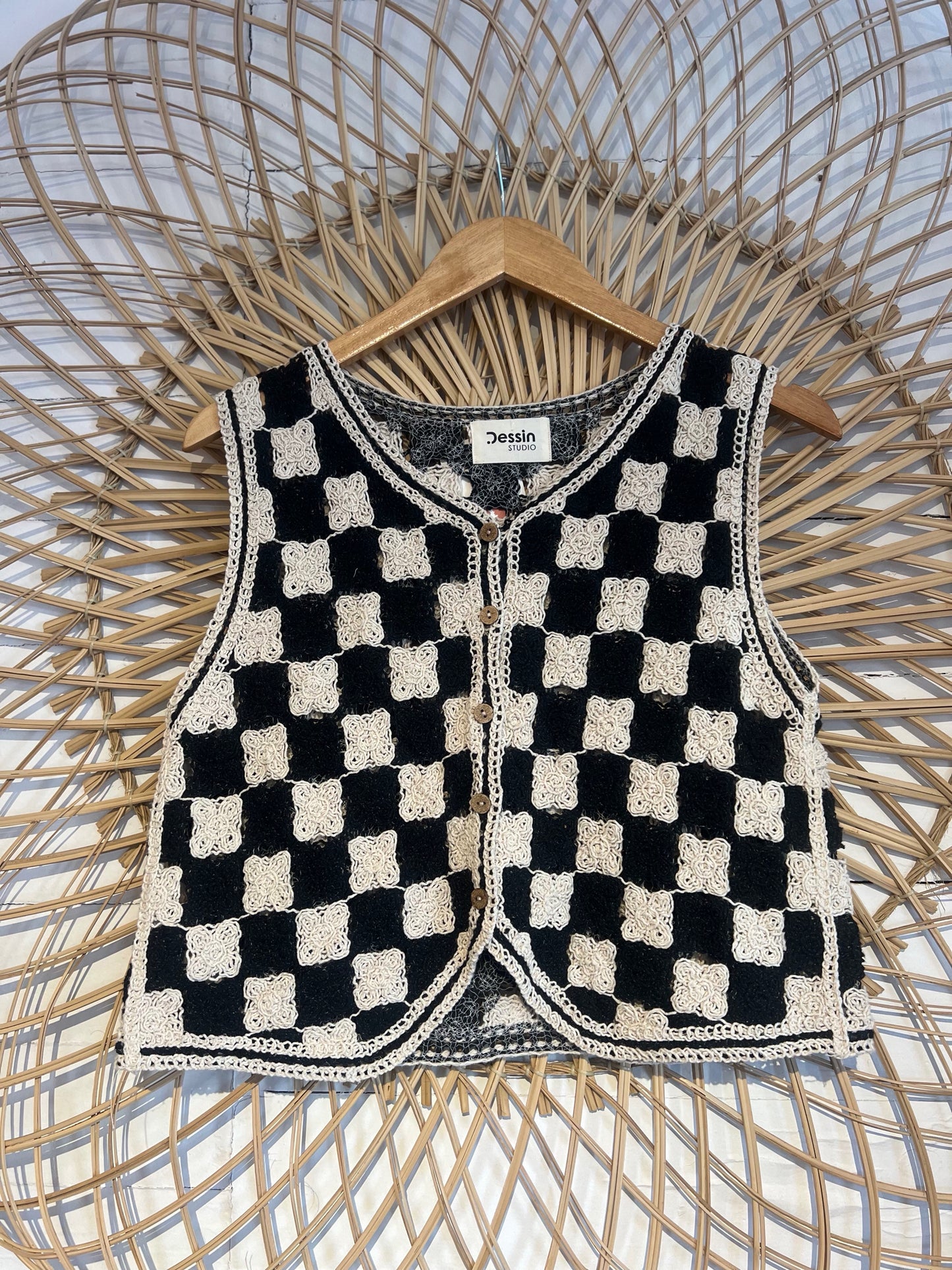 S/M Ivory/Black Crochet Checkerboard Button-up Vest