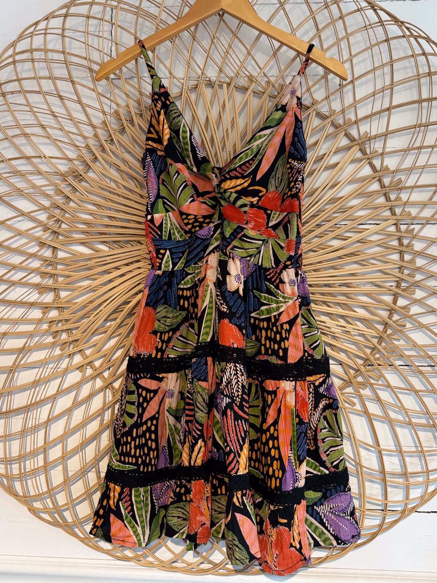 Boho Floral Twist Front Crochet Tiered Dress