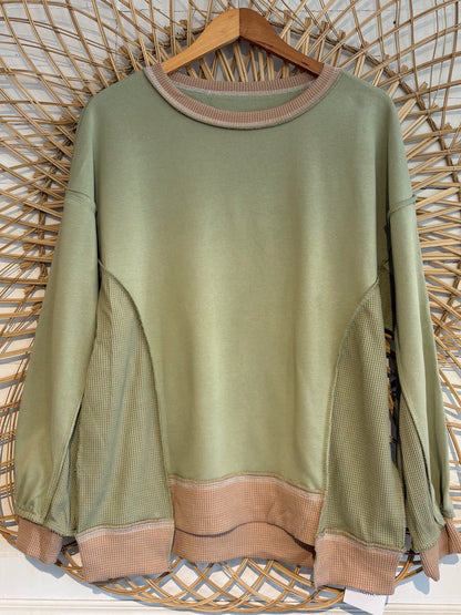 Boho Hipster Green Brown Trim Waffle Knit Crewneck Sweatshirt