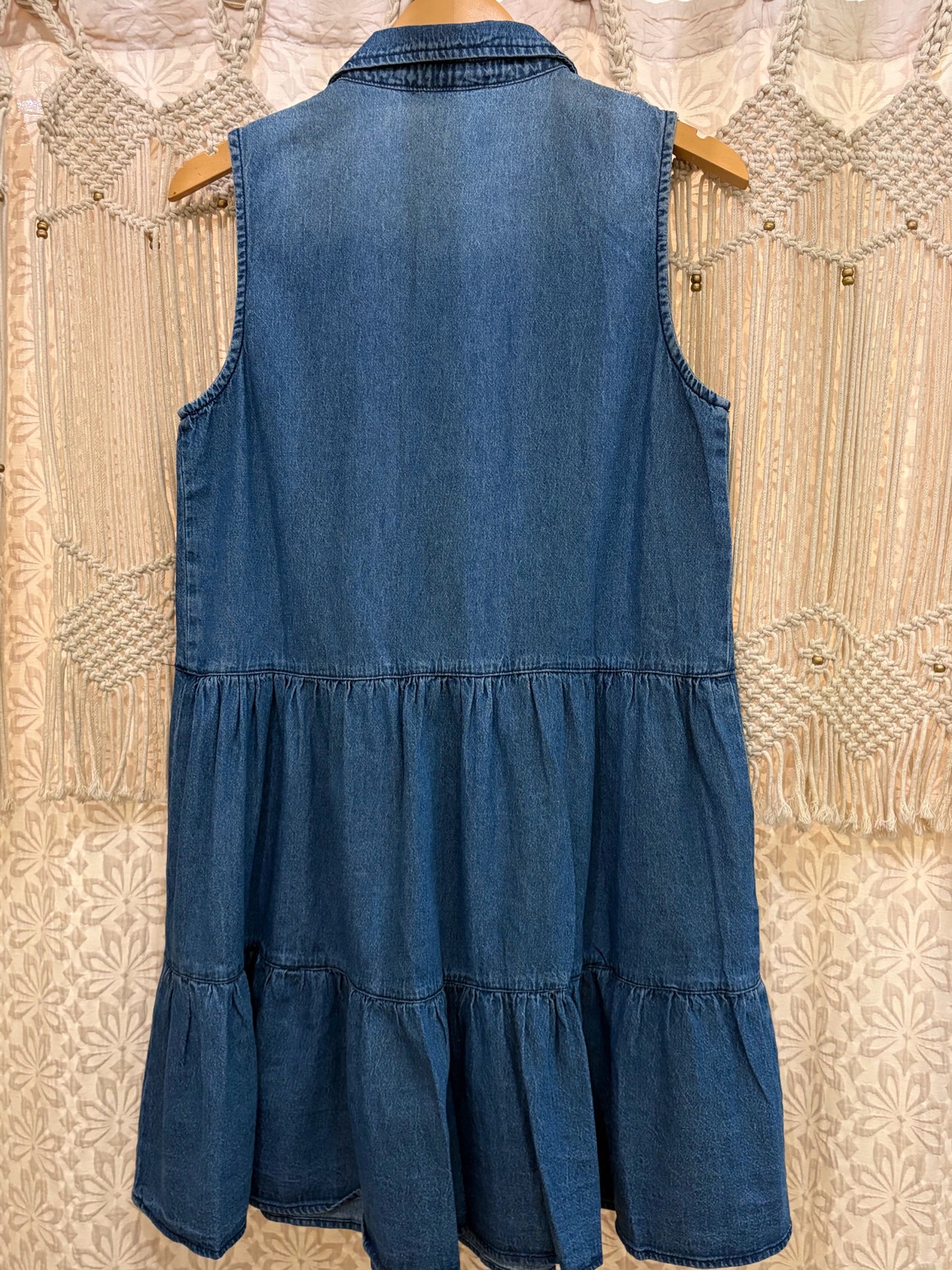 Boho Western Denim Tiered Button Sleeveless Dress