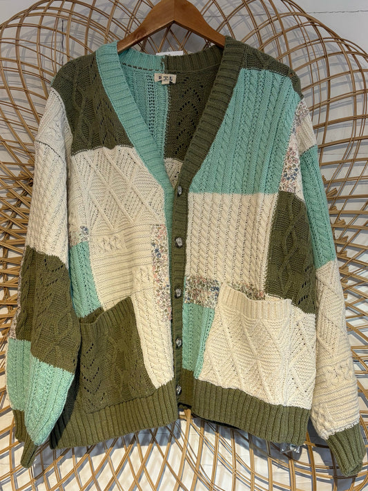 Boho Hippy Green Chunky Knit Patchwork Cardigan