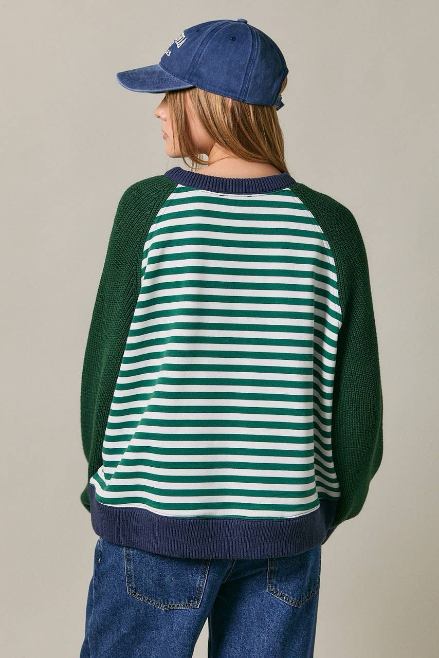Boho Hipster Knit Sleeve Striped Crewneck
