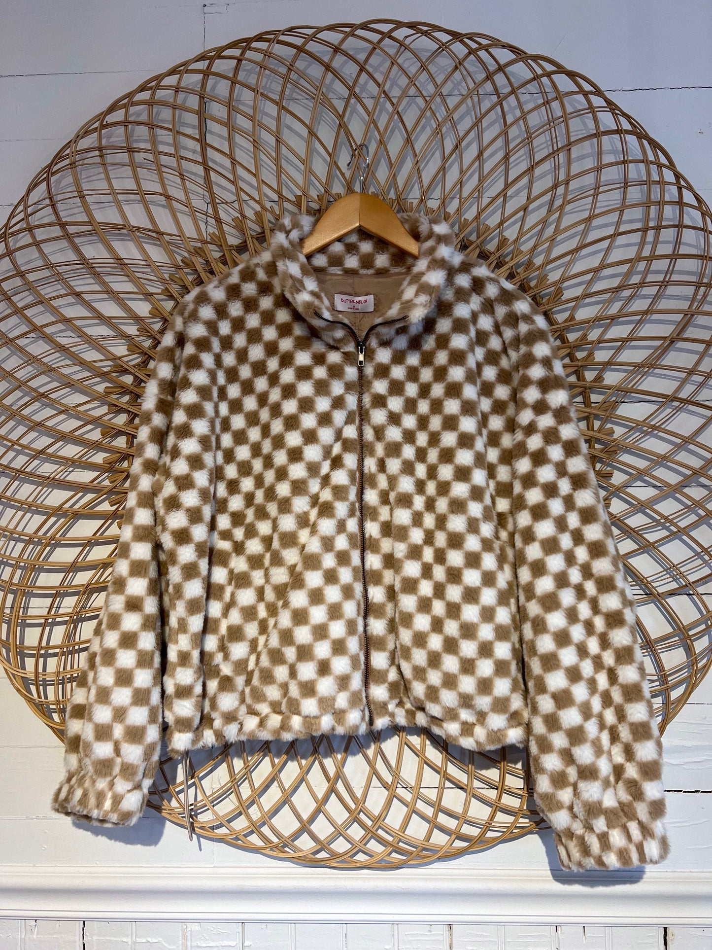 M Beige Checkered Sherpa Zip Up