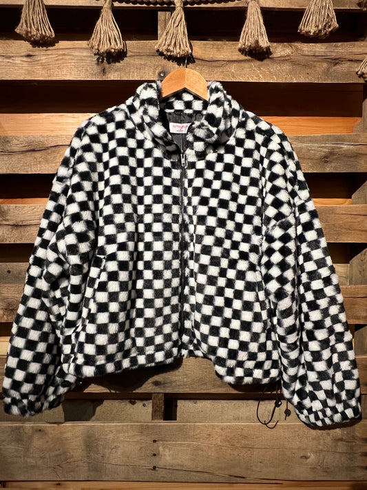 S Black Checkerboard Sherpa Zip up