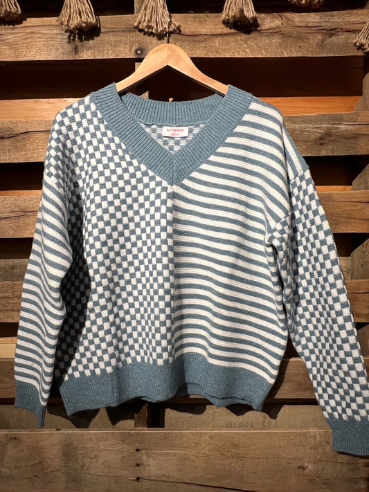 M BlueHipster Checkerboard/Stripe V Neck Sweater