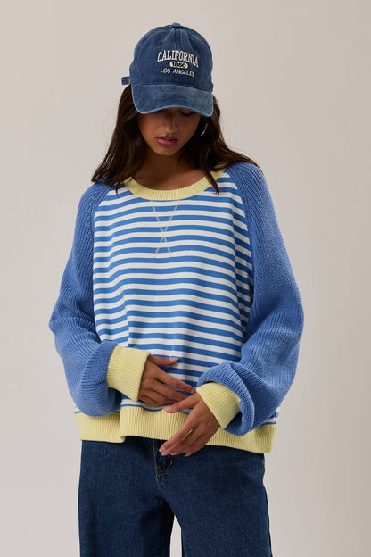 Boho Hipster Knit Sleeve Striped Crewneck