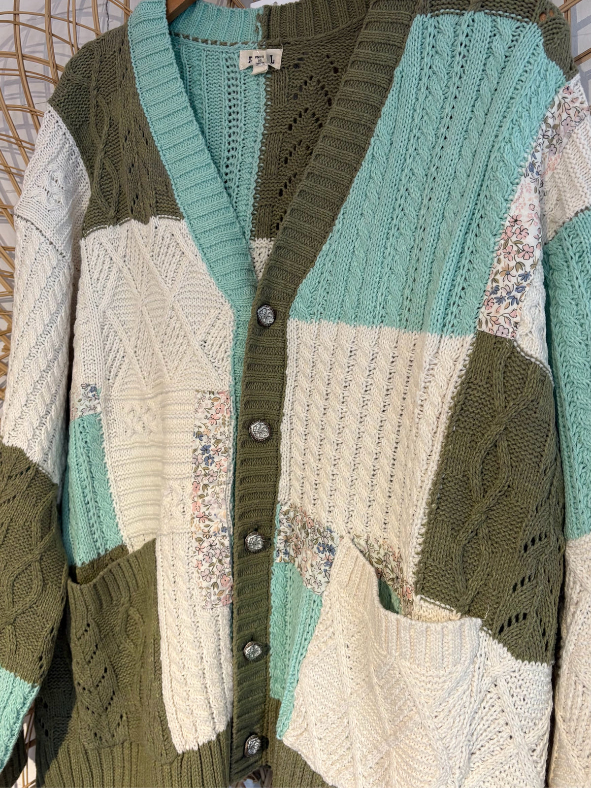 Boho Hippy Green Chunky Knit Patchwork Cardigan
