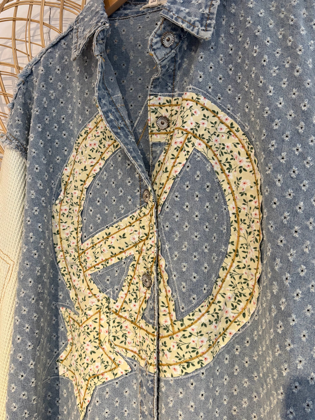 Boho Hippy Balloon Sleeve Peace Star Patchwork Button Up