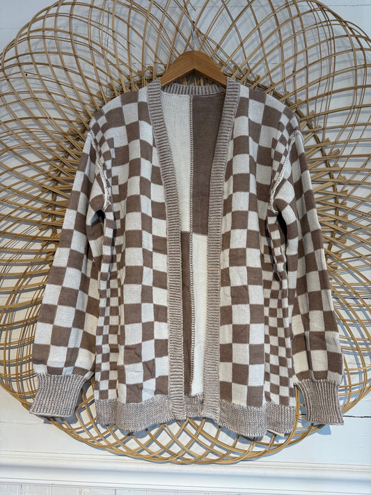 Beige Checkerboard Cardigan