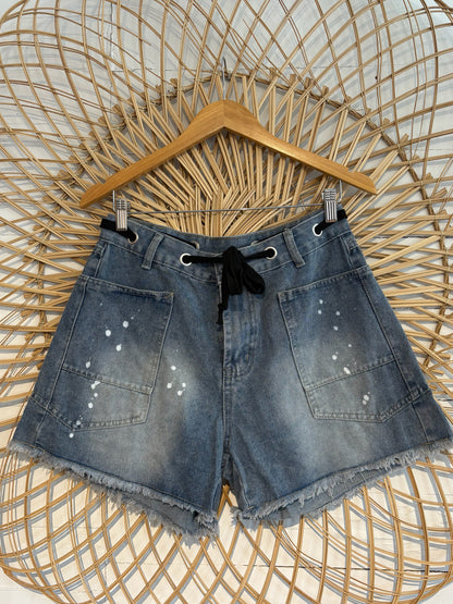 Boho Hipster Lace Up Splatter Paint Cut Off Denim Shorts