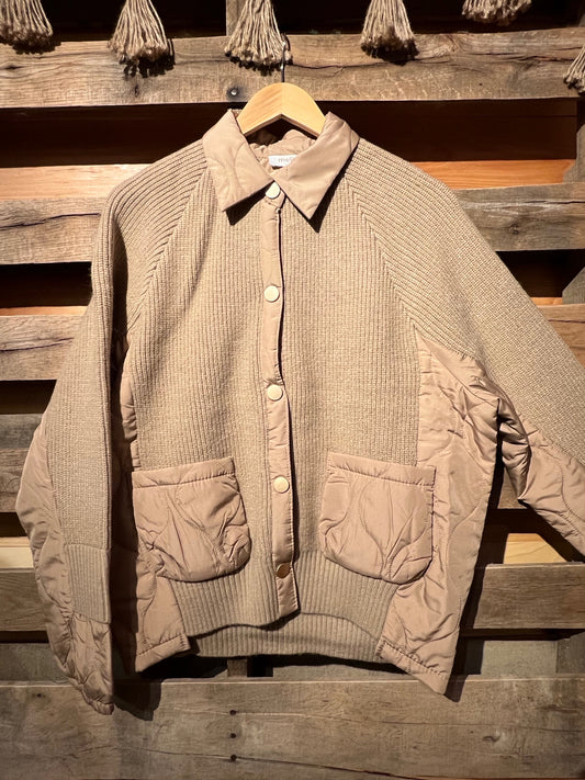 L Brown Cozy Knit/Quilted Button Up Jacket