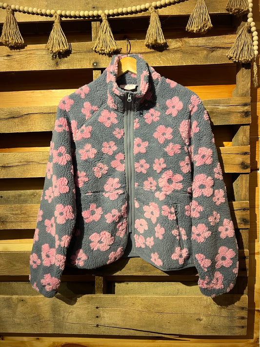 S Pink/Gray Boho Floral Sherpa Zipup