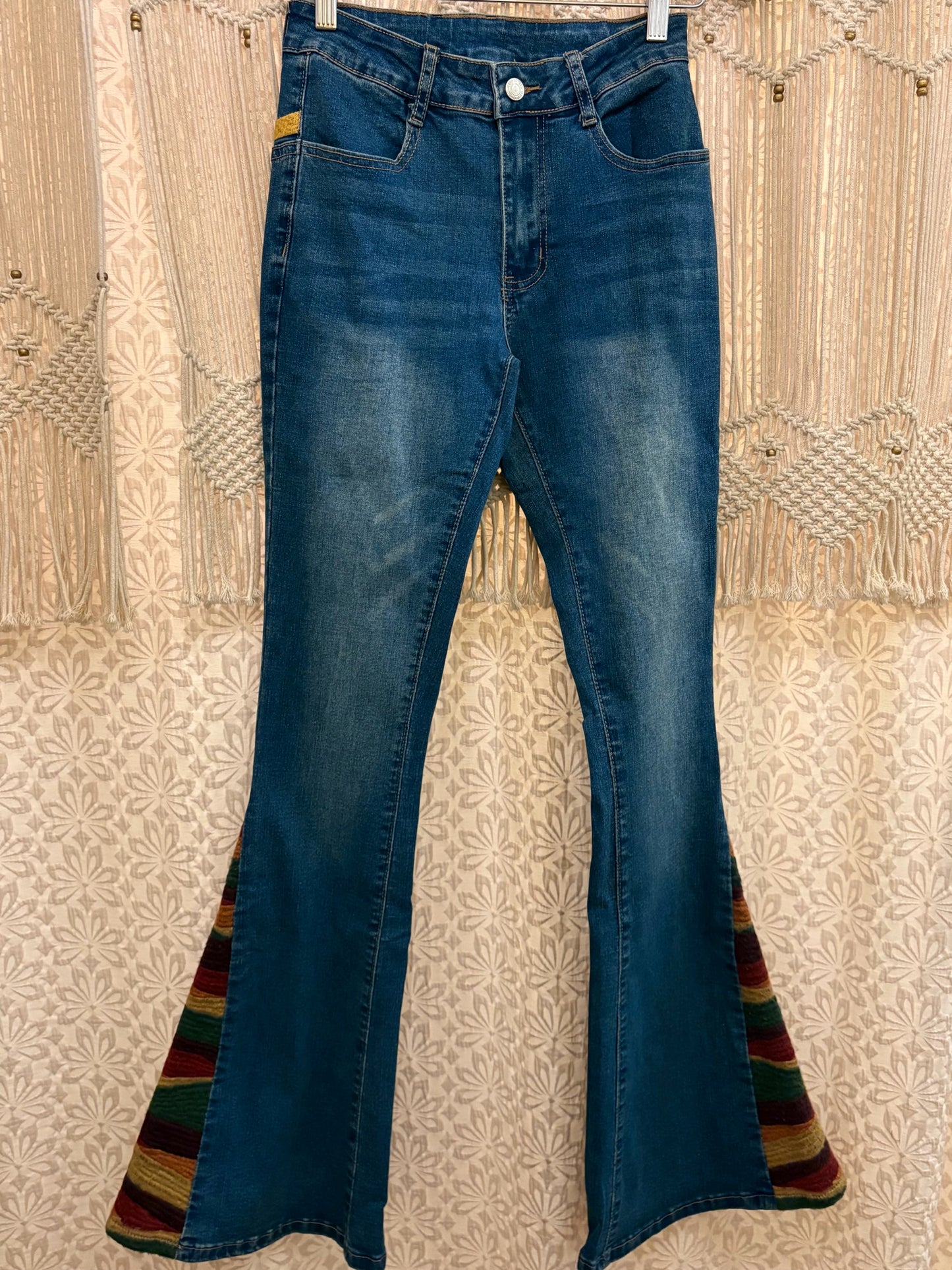 Boho Western Sunset Embroidered Denim Bell Bottoms