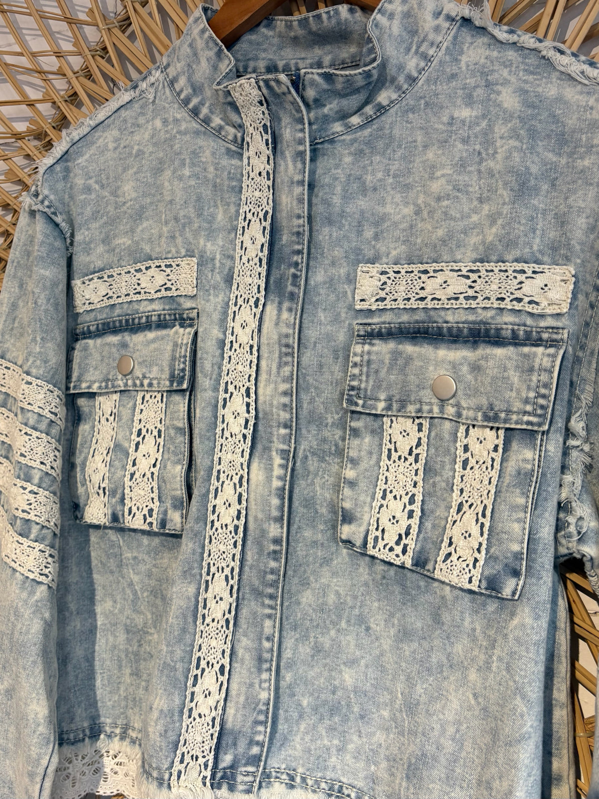 Boho Hippy Lace Trim Buckle Sleeve Denim Jacket