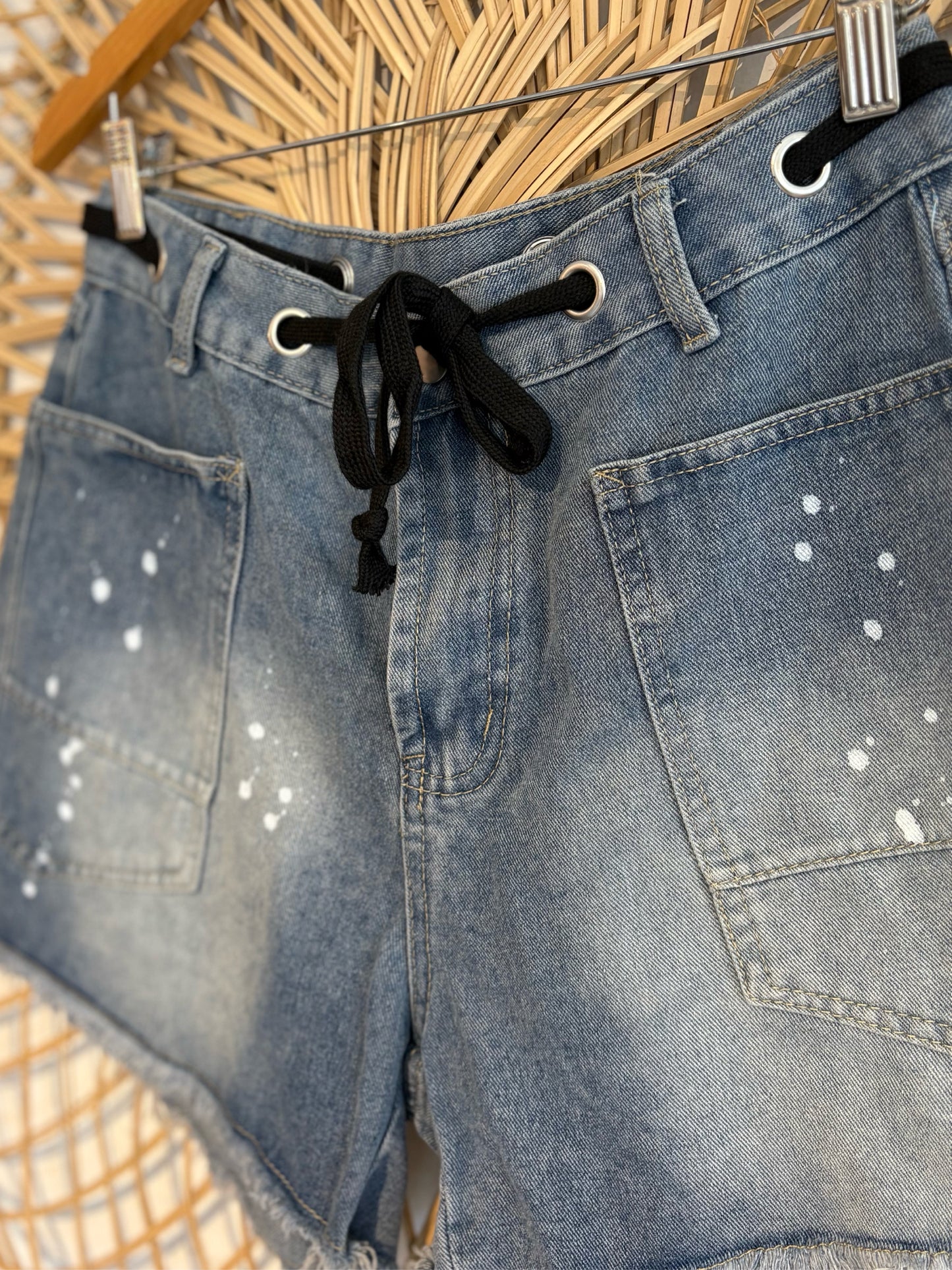 Boho Hipster Lace Up Splatter Paint Cut Off Denim Shorts